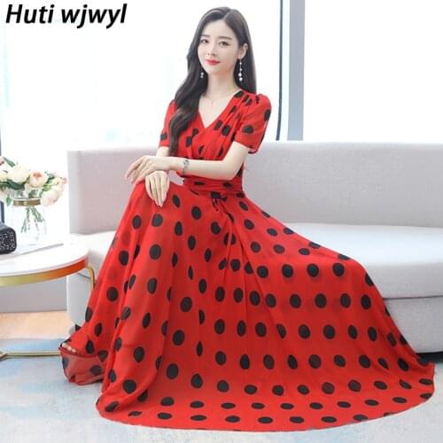2021 Vintage Polka Dot Chiffon Casual Maxi Dress Spring Summer Korean Plus Size Sexy Dress Women Elegant Bodycon Party Vestidos