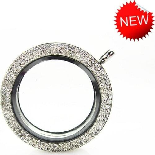 5pcs/lot 34mm Silver Stainless Steel Full Rhinestone Floating Locket Pendant Magnetic Glass Lockets For Women Necklace Jewelry