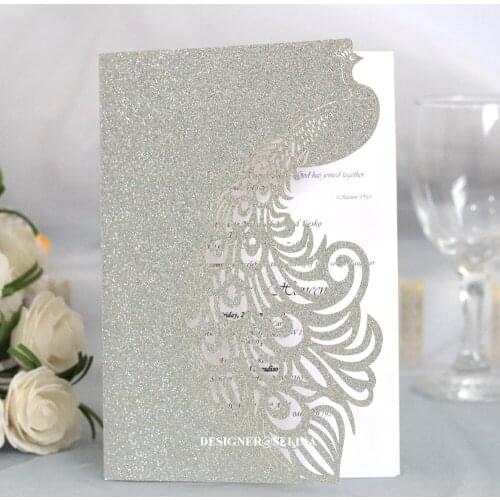 50 Piece/Lot) Silver Glittery Glitter Peocock Princess Wedding Invitation Elegant Bridal Shower Cards