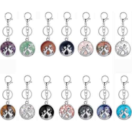 ASHIMTA Natural Round Gem stone Couple Cat Pendant Keychain for women Men Double Kitty Cat Key Chain Ring
