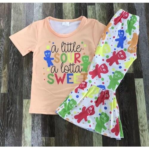 Baby girl orange sour sweet round neck short sleeves cute color biscuit human wave dot bell bottom set