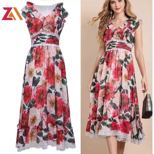 ZALady Designer Goblincore Summer Beach Party Midi Dresses For Women Elegant Floral Lace Up Sleeveless Dress Woman Clothes Robe