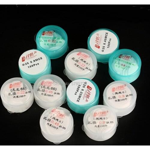 100pcs/box Laboratory PES/MCE/Nylon OD13mm/25mm Millipore hydrophilic Membrane filter With pore size 0.22/0.45/0.8um Membrane