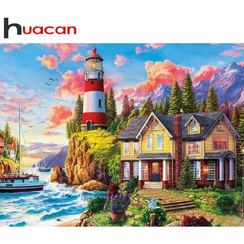 Huacan DIY Diamond Painting 5D House Diamond Embroidery Mosaic Landscape Lighthouse Picture Of Rhinestones Home Decoration