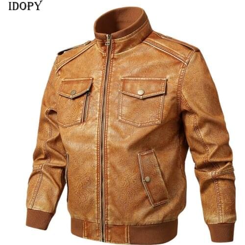 Idopy Men`s Faux Leather Coat Stand Collar PU Autumn Winter Multi Pockets Motorcycle Biker Bomber Jacket