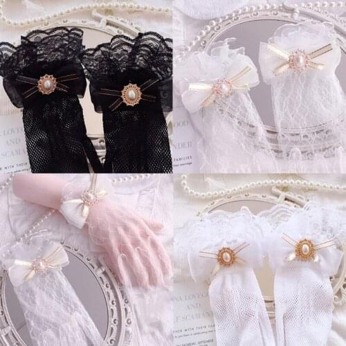 40GC Girls Short Mesh Ruffles Lace Gloves Bowknot Pearl Gloves Elegant Tea Party for Women Wedding Bridal Cosplay Ornaments