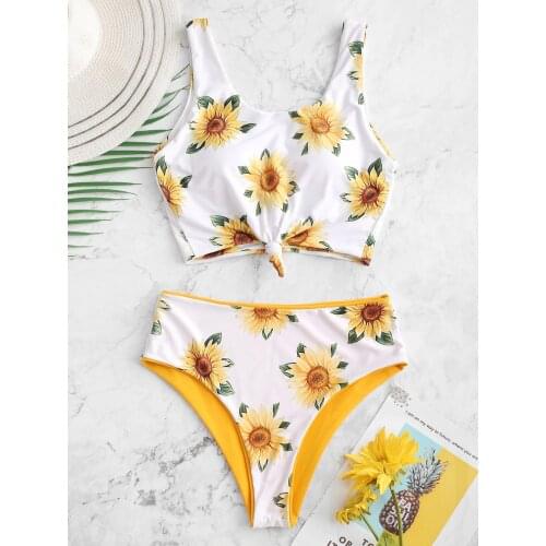 Sunflower Print Bikini Set Swimwear Women Knotted Bikinis Push Up Padded Two Sides Swimsuit Bathing Suit Reversable Bikinis 2020
