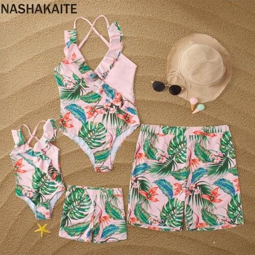 NASHAKAITE Mom And Daughter Swimwear Leaf Print One Piece Ruffled Swimsuit mother daughter Clothes Family Matching Bathing Suits