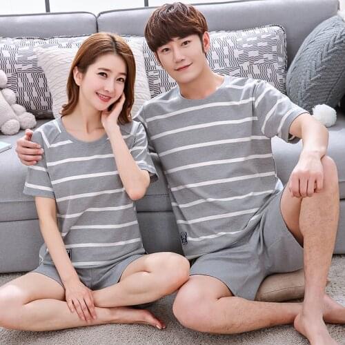 2021 Couple Pajamas Summer Short Sleeve Pure Cotton Nightwear Thin Size Loose Mens and Womens Suit Home Clothes Sleepwear
