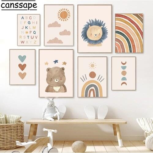 Boho Posters And Prints Lion Bear Paintings Rainbow Poster Alphabet Print Sun Painting Nursery Wall Pictures Baby Room Decor