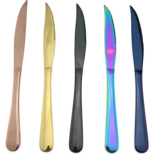 Multi-Color Stainless Steel Rainbow Sharp Steak Knife Flatware Table Knives Cutlery Set Black Steak Knives Dinner Set Silverware