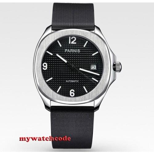 Luxury Brand PARNIS black dial Mens Mechanical Watch Auto Date Automatic Watch Mens relogio rubber strap Wristwatch