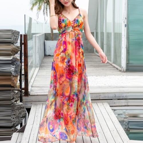 Tcyeek Sexy Summer Dress Women 100% Real Silk Maxi Dresses Boho Beach Evening Party Dresses Ladies Strapless Floral Vestido 2090
