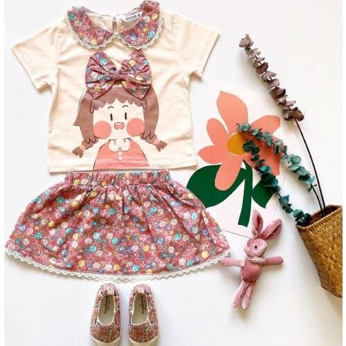Tonytaobaby Girls Cute Floral-Print Fold-down Collar Little Girl Set Pure Cotton Pastoral Style Lace-up