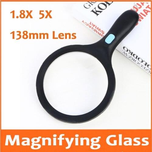 1.8X 5X 138mm Big Reading Magnifying Glass Illuminated Household Magnifier Handheld Office Loupe with 12pcs LED Lamps