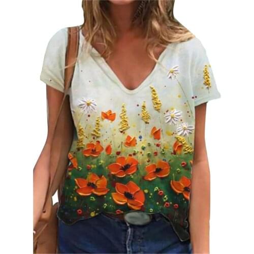 3XL Oversized Ladies Tops Women Plus Size Floral 3D Print T Shirt Loose V-Neck Short Sleeve Casual Tee Top Summer New Streetwear