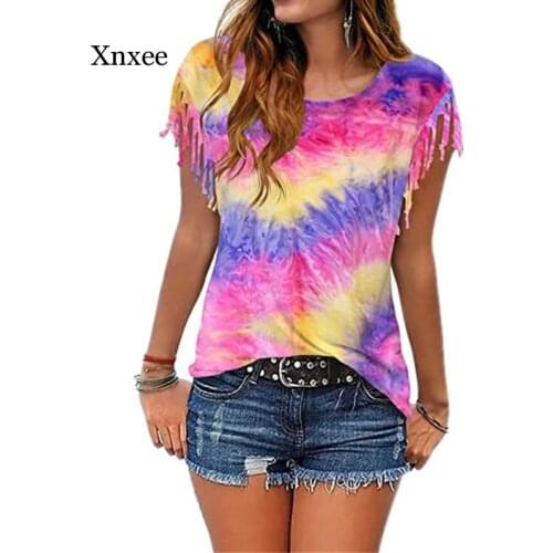 Women Cotton Tassel Casual T-shirt Sleeveless Tie-dyed Color Tees O-neck Womens Clothing T Shirt Hot Sales In 2020