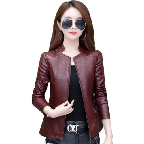 Spring autumn new womens short leather jacket fashion slim plus size womens stand collar leathers jackets small overcoat tide