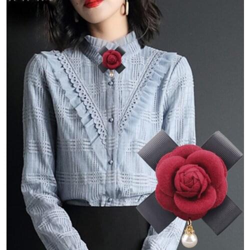 Women Wool-like Fabric Handmade Camellia Rose Black Ribbon Bowknot Golden Plated Venetian Pearl Drop Brooch Coat Lapel Pins Gift