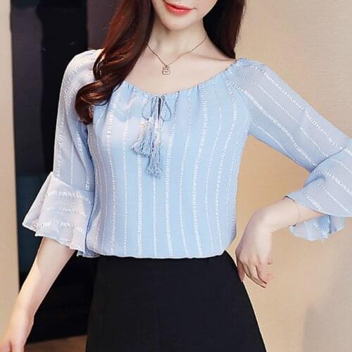 Nova VerAo 2018 Doce Moda Chiffon Mulheres Blusas Camisas Elegante Branco Azul SOlida Meia Manga Roupas