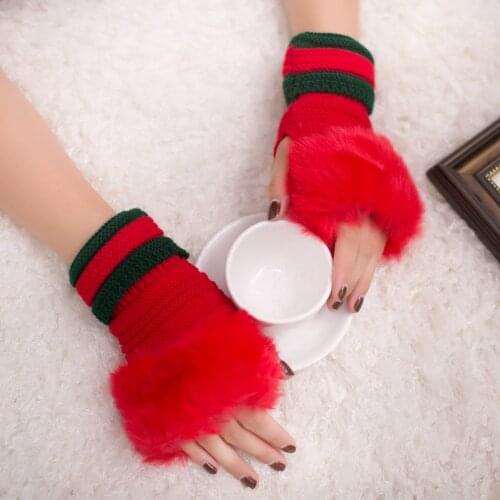 Women Fur Gloves New Wool Warm Winter Luxury Imitated Furs Half-Finger Gloves Multi-Color Stripe Wholesale Female Short Gloves