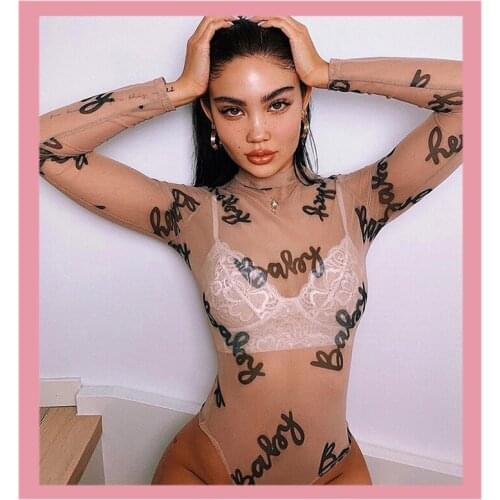 2020 Fashion Print Letter Tops Bodysuit Sexy Transparent Mesh Overalls for women Jumpsuit Summer Slim Playsuit Woman Clothes