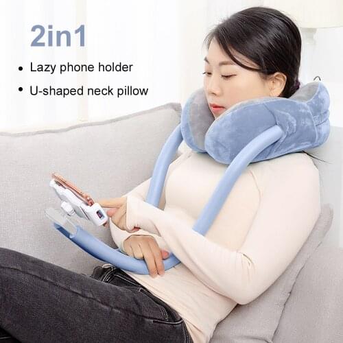 2-in-1 U-Shaped Pillow Lazy Man Bracket Gooseneck Tablet Phone Holder, Memory Foam Nap Pillow with Flexible Phone Reading Holder