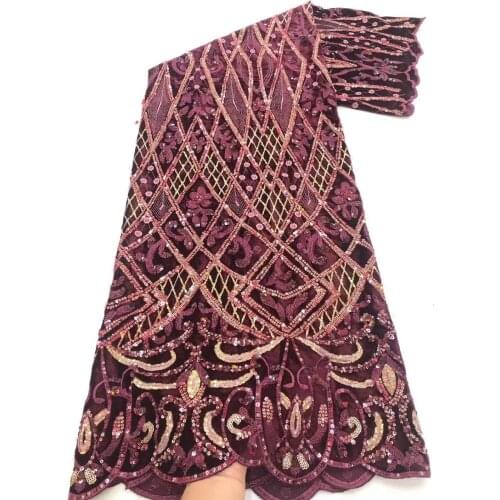 2021 Velvet Lace Fabric High Quality African French Lace Fabric Beads With Sequins African French Lace For Sewging FJ4462 Wine