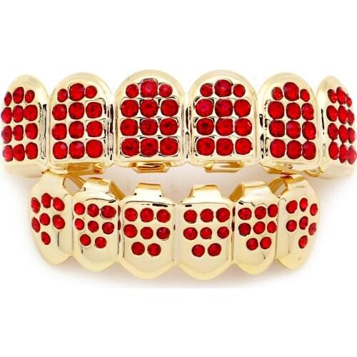 2021 Hip Hop Iced Out Grillz Top & Bottom Teeth Grillz Colorful Punk Gold Tooth Caps Rapper Dental Grills