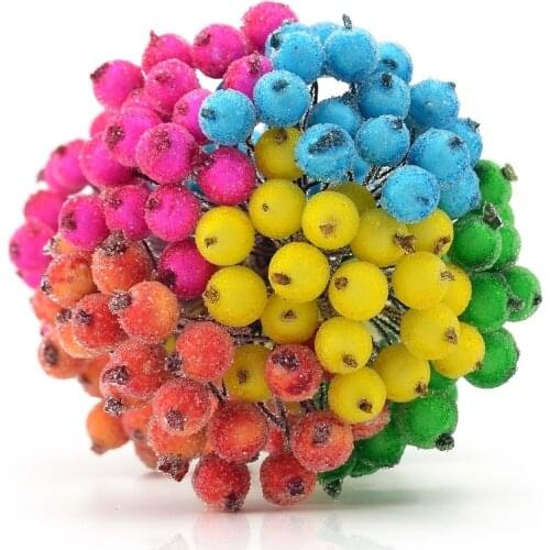 40pcs/80head Artificial Plastic Fruit Glass Berries Stamen Bouquet Decoration DIY Christmas Tree Double Heads Red Cherry