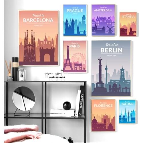 Abstract World Famous Travel City Landscape Posters and Prints Wall Art Canvas Painting Cartoon Nordic Pictures for Living Room