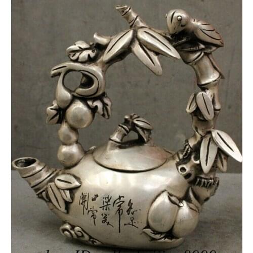 Decoration bronze factory outlets Tibet Silver 9" Chinese Silver HanZi Fly Cicada Gourd Bamboo Handle Statue Wine Pot Teapot