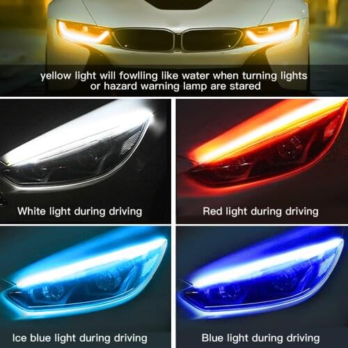 2pcs 12V LED DRL Car Daytime Running Light Flexible Waterproof Strip Auto Headlights White Turn Signal Yellow Brake Flow Lights