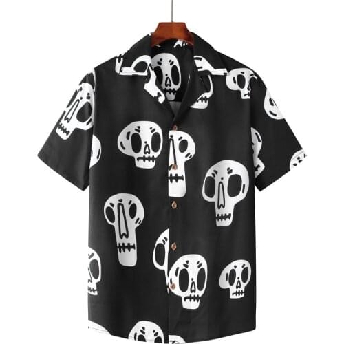 2021Summer Mens Vintage Skull Print Black Hawaiian Shirt Man Hip Hop Streetwear Harajuku Male Short Sleeve Beach Shirts For Men