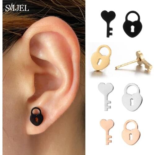 Smooth Stainless Steel Key Lock Earrings For Women Accessories Small Gold Black Key Female Earring Asymmetry Jewelry Gift