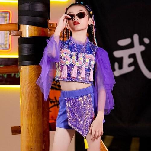 Girl Jazz Dance Costume Kids Purple Sequin Hip Hop Dancing Performance Outfit Cheerleader Clothes Modern Stage Wear DNV13432