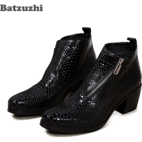 Batzuzhi 6.8CM Heels Black Men Boots Leather Fashion British Style Mens Oxfords Boots Round Toe Square High Heels Men