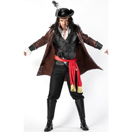 Men Halloween Jack Sparrow Captain Costumes Pirates Of The Caribbean Movie Cosplay Carnival Purim Parade Stage Role Party Dress