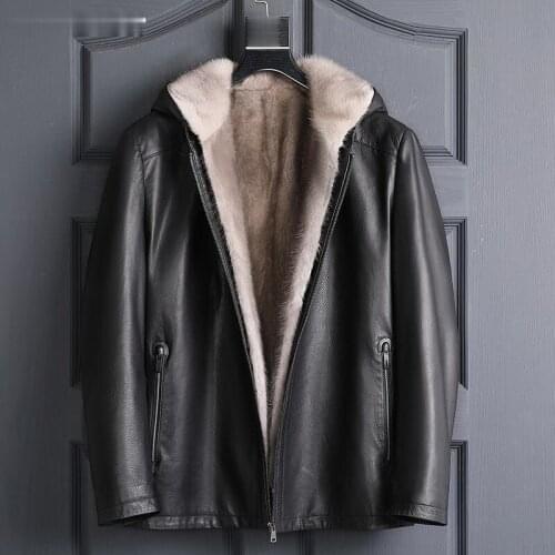 New Fashion Casual Winter Mink Fur Liner Men Shearling Genuine Clothes Jacket Cow Leather