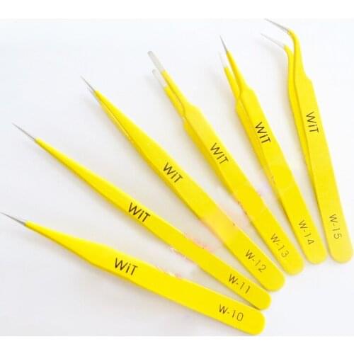 NOVFIX 6pcs/set Yellow High Hardness ESD Anti-magnetic stainless Tweezers tools kit for WIT Repairing Clamping Tools