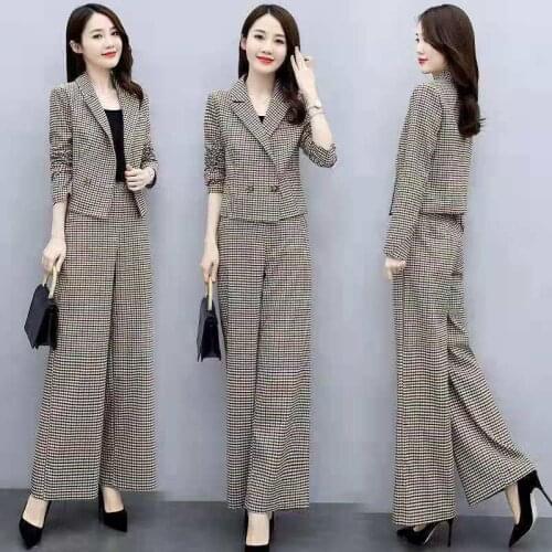 2021 Spring And Autumn New Korean Set Fashion Temperament Foreign Style Plaid Wide Leg Pants Two Piece Set