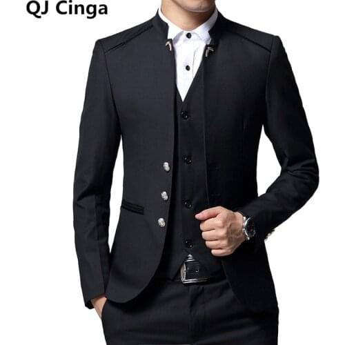 Single Breasted Stand Up Collar Suit 3 Piece Set Mens Wedding Party Dress Suits Plus Size Blazer Coat Pants Vest Black Blue Red