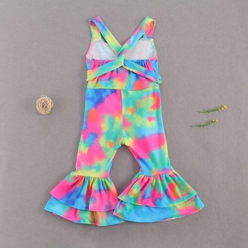Colorful Tie Dye Baby Girl Romper Cross Strap Sling Bell-bottom Trousers Bow-tie Cloth Belt for Summer and Late Spring