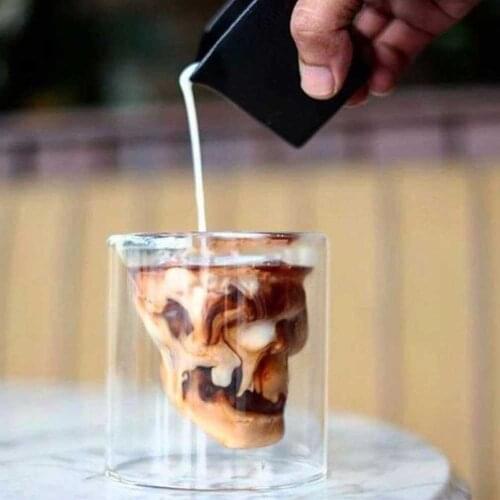 Skull Wine Glass Cup Latte Coffee Whiskey Mug Glasses Double Bottom Crystal Beakers Breakfast Transparent Vodka Drinking Bar