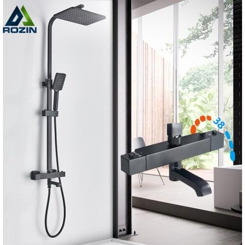 Rozin Matte Black Shower Faucets Thermostatic Bathroom Mixers Brass Rainfall Shower Set with Swivel Tub Spout for Bathroom Taps