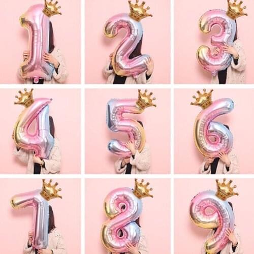 32 inch Number Foil Balloon Gradient Pink Digital Crown Balloon Birthday Party Decoration Baby Shower Supplies Globo