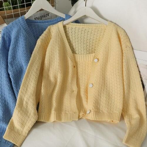 Knit Set Cardigans female Autumn hollow perspective thin single-breasted long-sleeved knitted top with short slim sling cardigan