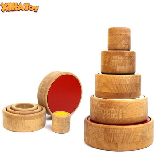 XIHATOY Natural Wood Stackable Bowls Kids Montessori Toy Color Stacking Blocks Color Paint Baby Wooden Early EducationToys