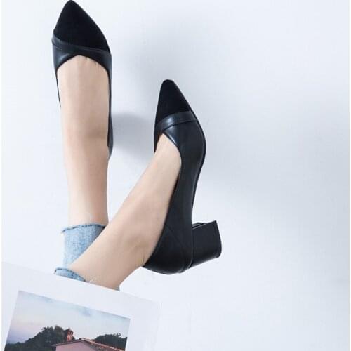 YQBTDL Spring 2020 New Arrival Block Heel Shoes Black Beige Pointed Toe Slip on Shallow Women High Heels Pumps Office Dress Shoe