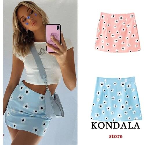KONDALA Za 2021 Floral Print Sexy Mini Skirts High Waist Zipper Sheath Vintage Skirts Chic Stylish Elegant Faldas Mujer